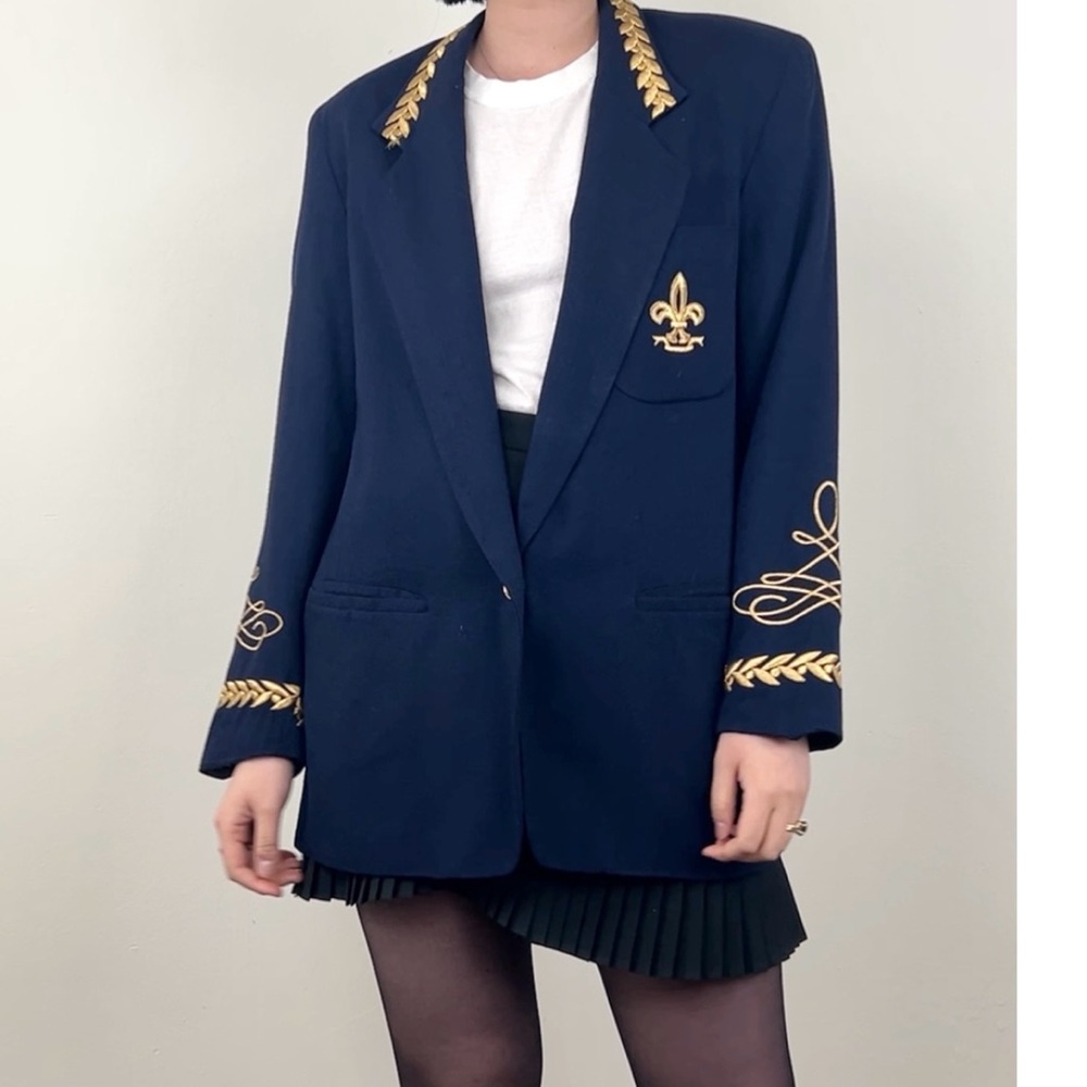 Vintage Navy Blazer with Gold Embroidery